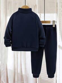 Genkimix Kids 秋冬款小男孩休闲骑士印花卫衣和运动裤套装 - 藏蓝色 - 查看 2