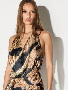KIZN Satin Tiger Print Halter Neck Cami Top With Drape Detail And Tie Front - Multicolor - View 1