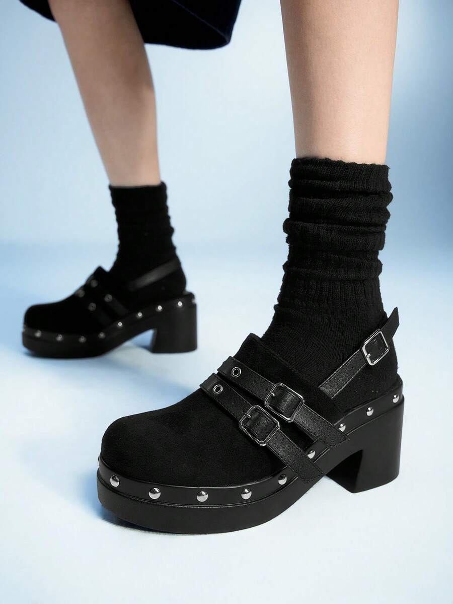 Sugerpunk 女式复古扣高跟凉鞋，时尚休闲粗跟穆勒鞋 - 黑色 - 查看 1