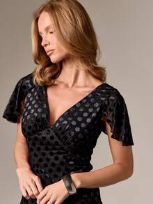 AiiRZ Cap Sleeve Polka Dot Burnout Chiffon Maxi Dress Deep V Neck Flutter Sleeve Evening Party Dress - Black - View 5