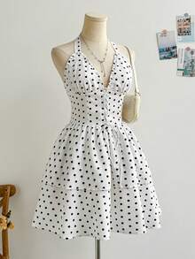 Soleia 全新休闲度假西部海滩婚礼宾客服装毕业早午餐礼服，适合圣帕特里克节、春假、复活节、音乐节，优雅波西米亚风热带波尔卡圆点荷叶边系带迷你连衣裙 - 黑與白 - 查看 5