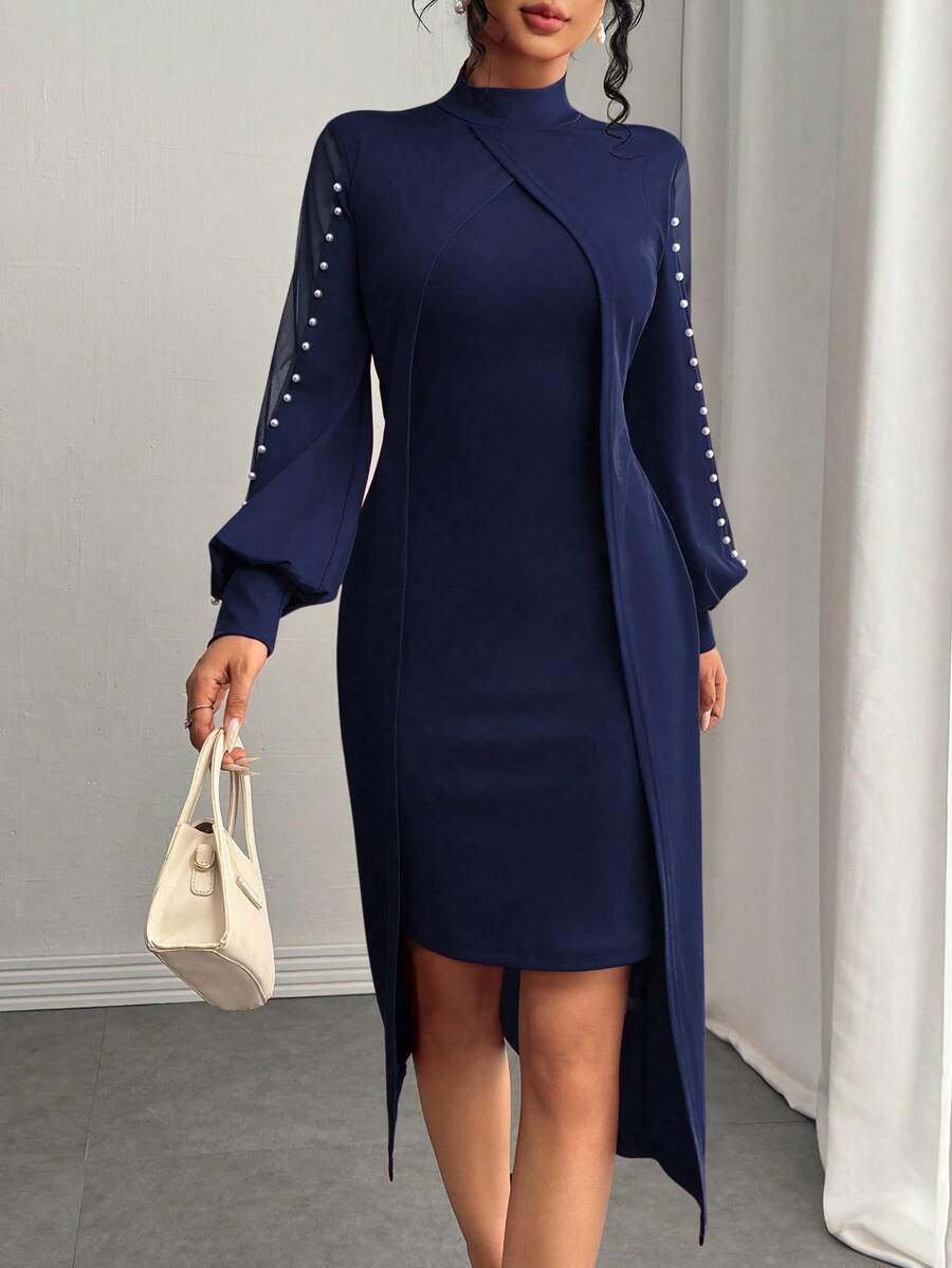 SHEIN Clasi Women's Elegant Round Neck Mesh Splice Bubble Decor Long Sleeve Dress Maxi Women Outfit - Navy Blue - View 1