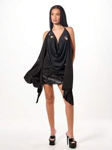 SUMWON WOMEN Top con scollo alla halter drappeggiato con dettagli in metallo e maniche a mantella fluente per occasioni serali di Ognissanti - nero - Visualizzare 5