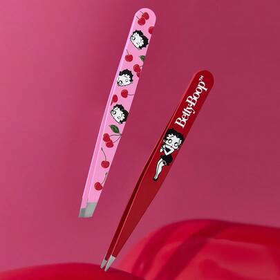 Betty Boop x SHEIN 2 Pcs Multi-Functional High Precision Stainless Steel Eyebrow Tweezer Set, Cute And Practical Makeup Beauty Tools Set Essential For Home Use, Slanted Mouth, Pointed Nose Clip, Includes Eyelash Tweezers And Hair Removal Tweezers,For Facial Hair, Ingrown Hair And Splinter Remover, False Eyelash Grafting Tool,Cherry Pattern Lady Pink Red,Gift Ideas,Party,Holiday,Valentine's Day