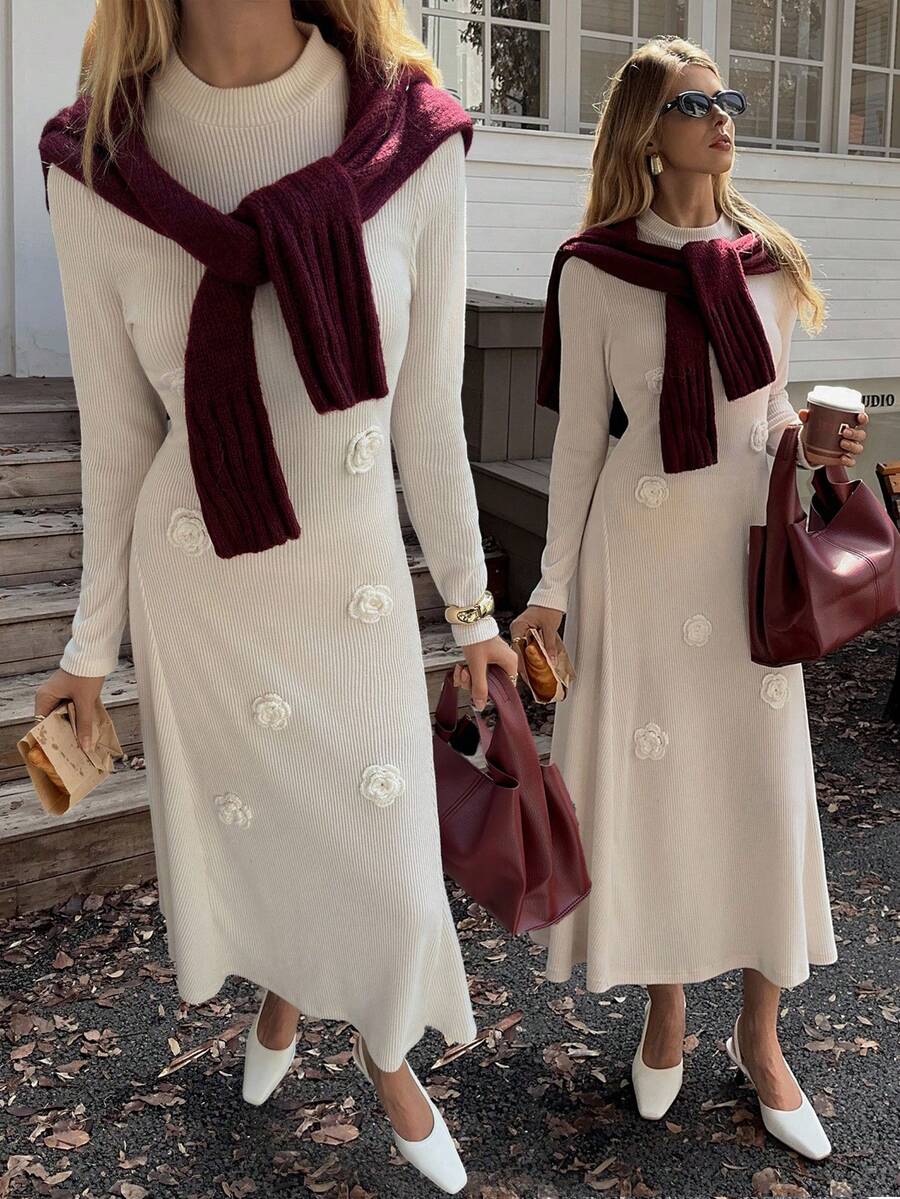 Elyressa Casual 3D Floral Decor Knitted Velvet Elegant French Style Dress For Women - Apricot - View 1