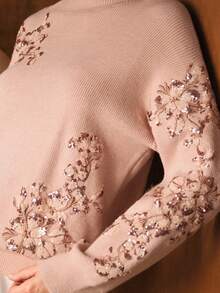 MOTF PREMIUM Elegant Sequin Floral Embroidered Sweater, Autumn/Winter