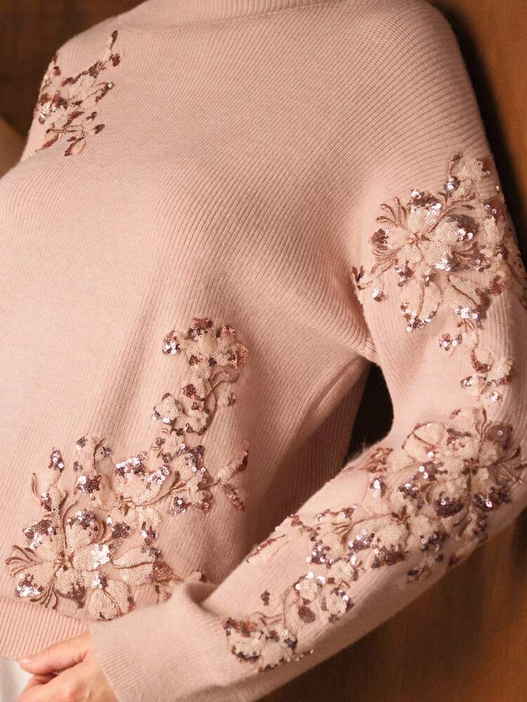 Elegant Sequin Floral Embroidered Sweater, Autumn/Winter