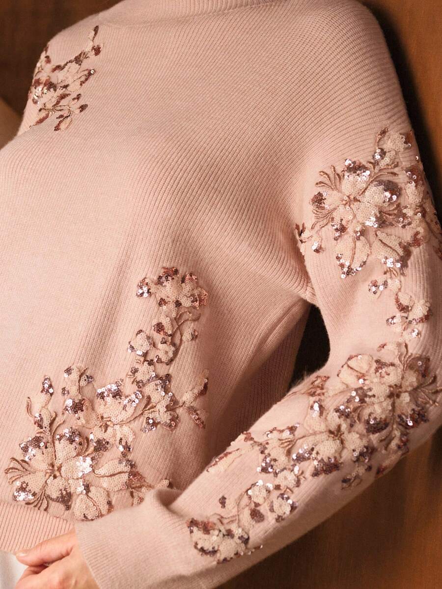 MOTF PREMIUM Elegant Sequin Floral Embroidered Sweater, Autumn/Winter