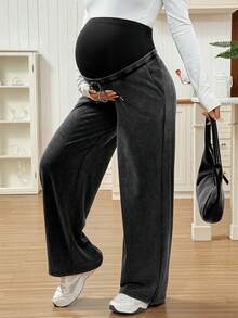 SHEIN 可调节腰部抽绳宽松阔腿裤，带口袋，休闲孕妇装，适合日常通勤 - 深灰色 - 查看 5