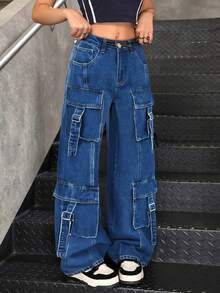 SHEIN 少女撞色缝线黑色牛仔工装裤，宽松版型，低腰，直筒 - 深色水洗藍 - 查看 4