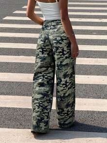 Muchica 女式休闲迷彩印花阔腿牛仔裤 - 軍綠色 - 查看 2