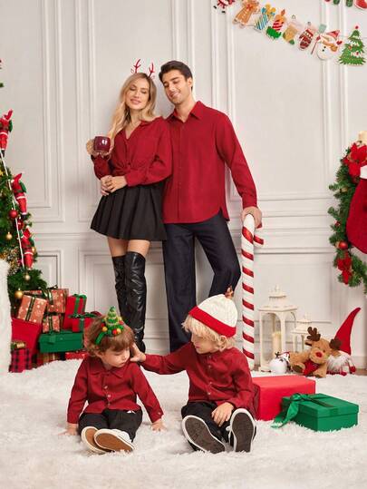 4 sztuki pasujących strojów rodzinnych, dla mamy i córki, dla chłopca i dziewczynki, czerwona koszula z długim rękawem z sztruksu, miękka i wygodna, uniwersalna, odpowiednia do domu, na wycieczki, jesień, zimę i święta Bożego Narodzenia