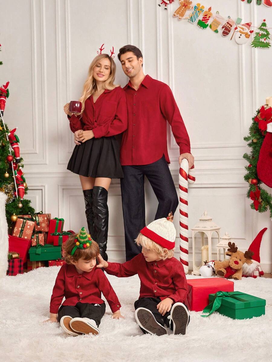 4 Stücke Familienoutfits zum Zusammenpassen, Mama und Ich, Baby Jungen, Baby Mädchen, rotes Cord Langarmhemd, weich und bequem, vielseitig einsetzbar, geeignet für Zuhause, Ausflüge, Herbst, Winter, Weihnachten