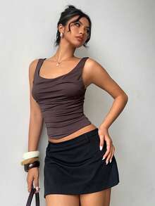 Aloruh Women's Elegant Sexy Solid Brown Round Neck Pleated Wide Strap Backless Tight Fitting Camisole, Autumn/Winter - Brown - View 5