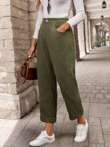 EMERY ROSE Women's Solid Color Patch Pocket Tapered Casual Corduroy Pants, Versatile For Autumn - Army Green - View 3