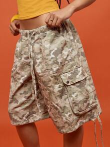 SUMWON 大码牛仔工装短裤，多口袋，夏季休闲，迷彩印花，高腰 - 灰色 - 查看 1