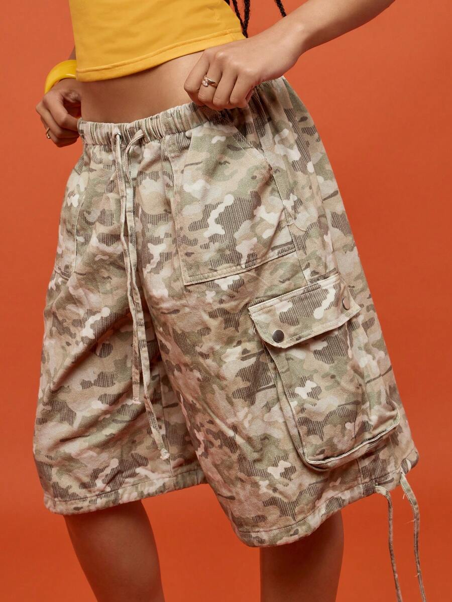 SUMWON 大码牛仔工装短裤，多口袋，夏季休闲，迷彩印花，高腰 - 灰色 - 查看 1