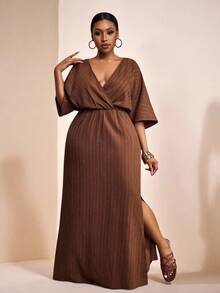 Veslaya Plus Size Women's Solid Color Overlap V-Neck Batwing Sleeve Casual Dress