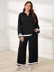 EMERY ROSE Conjunto de 2 piezas de top de manga larga y pantalones con ribete de contraste, estilo casual y de oficina, talla grande, otoño - Negro - Ver 4