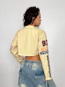 StreetHx 女士街头风格字母印花短款机车夹克 - 杏色 - 查看 2