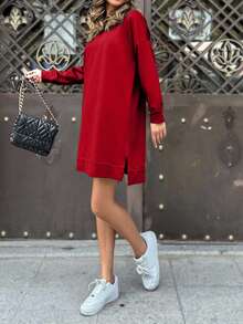 EURMUSE Cotton Solid Drop Shoulder Split Hem Sweatshirt Dress - Red - View 4