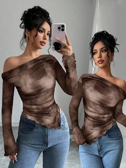 Firerie Women's Tie Dye Floral Off-Shoulder Long Sleeve Fitted Casual T-Shirt, Minimalist Fashion, Suitable For Daily Wear, Long Sleeve Floral Mesh T-Shirt Blouse, Spring Summer Autumn Clothing, Elegant, Commute, Casual, Daily, Minimalist, Work Attire