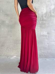 Firerie 女款酒红色褶皱不对称腰喇叭裙，网纱薄纱裙，百搭半身裙，酒红色节日半身裙，适合春夏秋冬，优雅通勤，约会，派对，婚礼，毕业，演出，演唱会，工作，返校，年会，生日，节日 - 酒紅色 - 查看 8