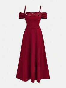 少女针织/圣诞节/派对/节日仿珍珠串珠吊带背心裙，返校裙，返校装，秋季连衣裙，连衣裙，儿童派对连衣裙，女孩红色长裙 - 酒紅色 - 查看 2