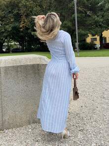 Jeta Ari 秋季女装 - 返校服装 - | 2025 新款女士休闲条纹长袖收腰长裙，淡蓝色灯笼袖连衣裙，适合机场装、日常装、通勤装和下午茶装 - 舒适的亚麻混纺面料，非常适合秋季 - 藍白色 - 查看 2