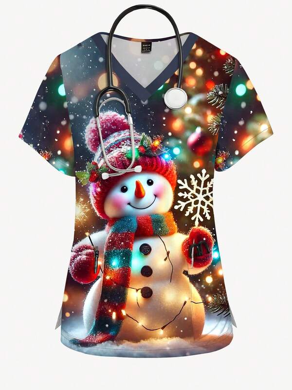 PopScrub Cute Snowman Cartoon Pattern V-Neck Short Sleeve Women's Fashion Uniform Top