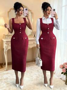Elenzga Elegant French Style Stretchy Silver Thread Tweed Burgundy High-End Design Sense Square Collar Fitted Slim Waist Pearl Button Sleeveless Bodycon Dress, Versatile For Holidays, Independence Day - Burgundy - View 1