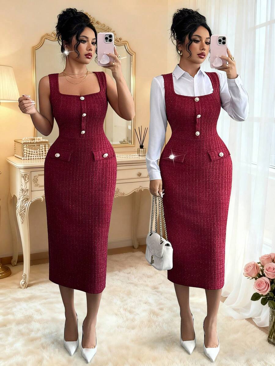 Elenzga Elegant French Style Stretchy Silver Thread Tweed Burgundy High-End Design Sense Square Collar Fitted Slim Waist Pearl Button Sleeveless Bodycon Dress, Versatile For Holidays, Independence Day - Burgundy - View 1