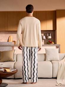 SHEIN Provexi Letter Print Crew Neck Long Sleeve Top & Wavy Pants Men Pajama Set Fall Winter Clothes - Apricot - View 2