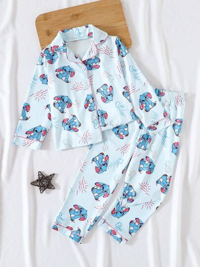 2pcs/Set Young Girl' Cute Cartoon Floppy Ear Blue Rabbit Print Long Sleeve Top And Pants Comfortable Casual Pajama Set Kids Pajama Set Cotton Kids Lilo And Stitch Clothes Lilo And Stitch Pajama Kids Collar Neck Long Pajama Sets