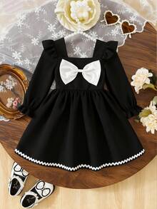 Elladie kids Đầm ngắn tay lửng cổ vuông thắt eo thời trang dễ thương cho bé gái, có nơ 3D và viền bèo nhún, phối màu đen trắng, phù hợp với mọi mùa - màu đen - Xem 4