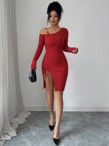 SHEIN Elenzya Anneusta 女士秋冬上衣，适合度假、独立日、劳动节、哥伦布日、感恩节、情人节、街头风、复古风、北欧风、Grunge风、韩版风、休闲装、工作装、教师装、返校季、哥特风、办公室装、商务休闲装、不对称肩部设计、毛衣、连衣裙等场合。 - 咖啡棕 - 查看 6