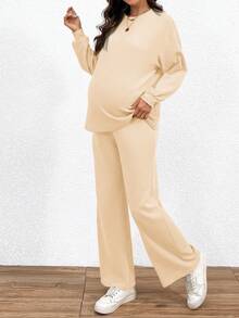 SHEIN 2pcs Maternity Set: Solid Color Round Neck Drop Shoulder Long Sleeve Top And Adjustable Waist Pants,Casual 2 Pieces Lounge Sets,Peach Autumn Everyday - Apricot - View 5