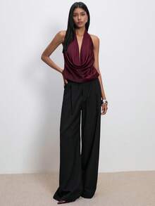 ATUI Studio Áo hở lưng bằng vải satin màu đỏ tía, cổ khoét sâu màu trơn dành cho nữ, không tay hở lưng, thanh lịch, tối giản, phong cách Giáng sinh, năm mới, tiệc tùng, lễ tạ ơn, thiết yếu, trang phục công sở đa năng, phong cách thời thượng, thẩm mỹ cổ điển - Màu đỏ tím - Xem 4