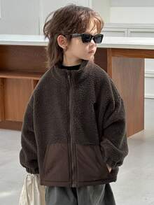 DAZY Young Boy Autumn/Winter Embroidered Design Drop Shoulder Long Sleeve Zip-Up Sherpa Jacket