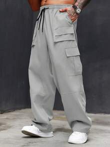 Manfinity Roughcore Men's Plus Size Solid Color Drawstring Cargo Pants With Multi-Pocket,Casual Style Baggy Cargo Pants,Black Pants For Men - Light Grey - View 5