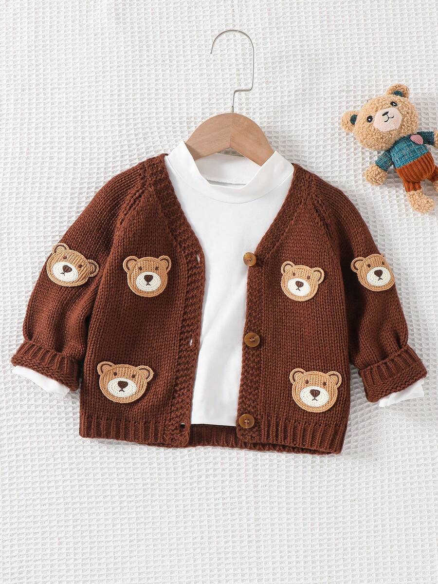 Cozy Pixies 男童卡通熊图案V领长袖开衫毛衣女秋冬装 - 棕色 - 查看 1