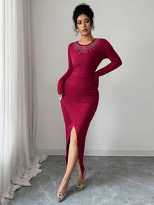 Rafferiza Burgundy Autumn Elegant Dining Women Red Dress, Party Hot Brick Pleats Waist Hem Slit Hip Wrap Shiny Long Christmas New Year Dress For Ladies - Red - View 4
