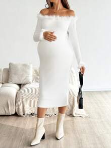 SHEIN Vestido de maternidad elegante de patchwork con ribete de piel sintética sin hombros y ajustado, para otoño/invierno - Blanco - Ver 6