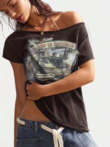 Bohemela BOHO Music Festival Casual Solid Color Knit Asymmetrical Neck Short Sleeve T-Shirt For Women - Black - View 2