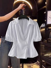 SHEIN LUNE 大码女式休闲条纹泡泡袖收腰衬衫 - 紫色 - 查看 1