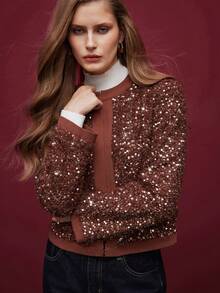 Maija Women's Fashionable Street Sequin Contrast Binding Open Front Coat Autumn For Women Halloween Costumes Christmas Women's New Year - Brown - View 6