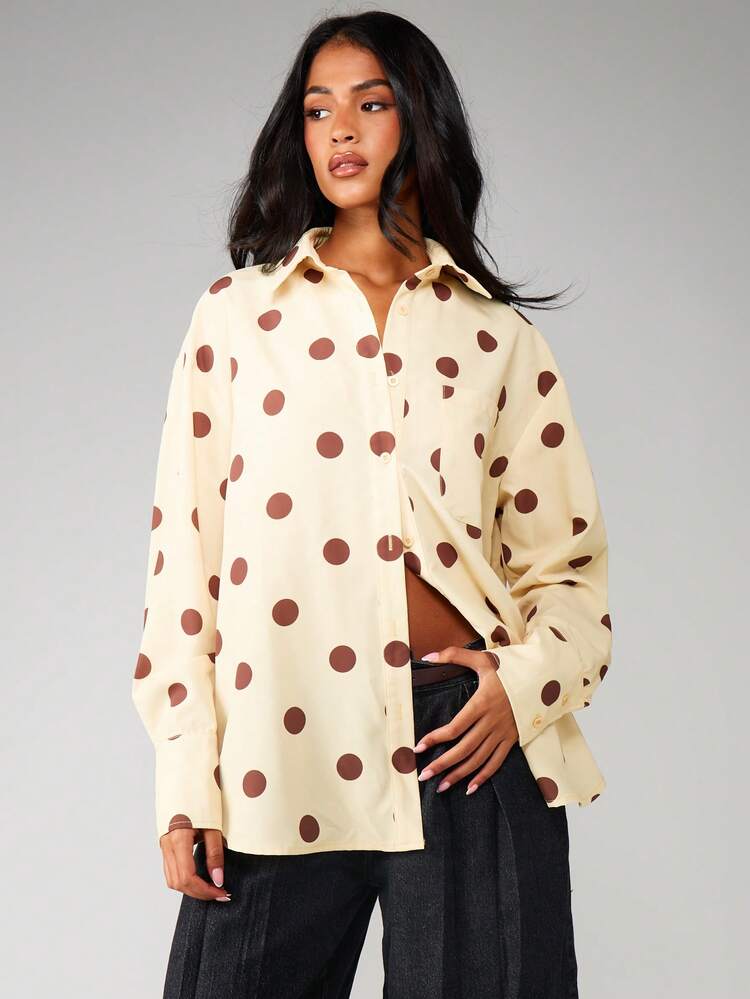 MISSGUIDED Oversized Polka Dot Button Down Blouse Long Sleeve Collared Shirt Casual Spring Summer Fall