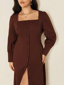 Juhart Plus Size Women's Elegant Commuter Brown Square Collar Single-Breasted Puff Sleeve Long Sleeve Fitted Slim Long Dress