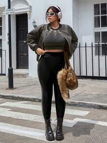 SHEIN EZwear 秋冬款大码女式黑色手机袋紧身裤 - 黑色 - 查看 5