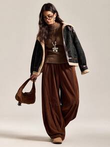 Easelle 女式复古休闲棕色宽松松紧腰梭织裤 - 棕色 - 查看 3